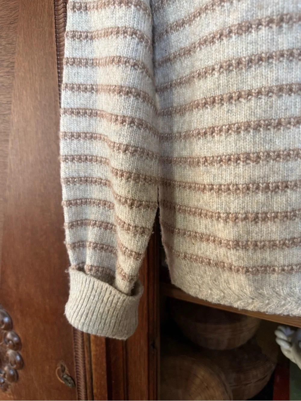 Tahari Cream & Tan Striped Crewneck Sweater